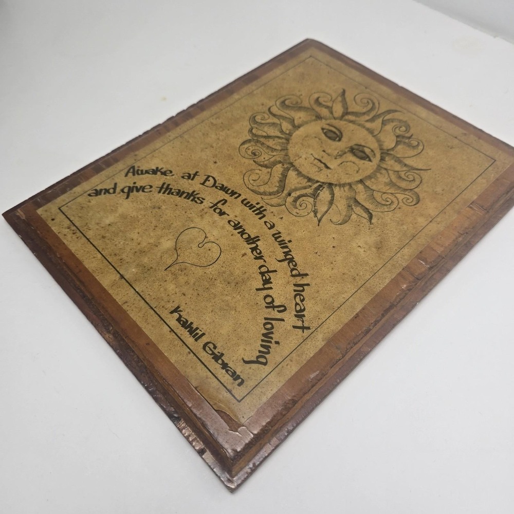 Vtg 70s Greg Wallace Wood Plaque Kahlil Gibran Celestial Sun Quote Wall Art